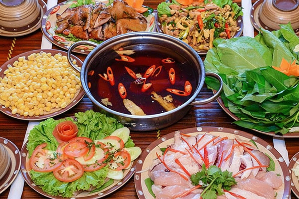 Bàn ăn lẩu gà lá sâm rau củ Bàn ăn lẩu gà lá sâm rau củ